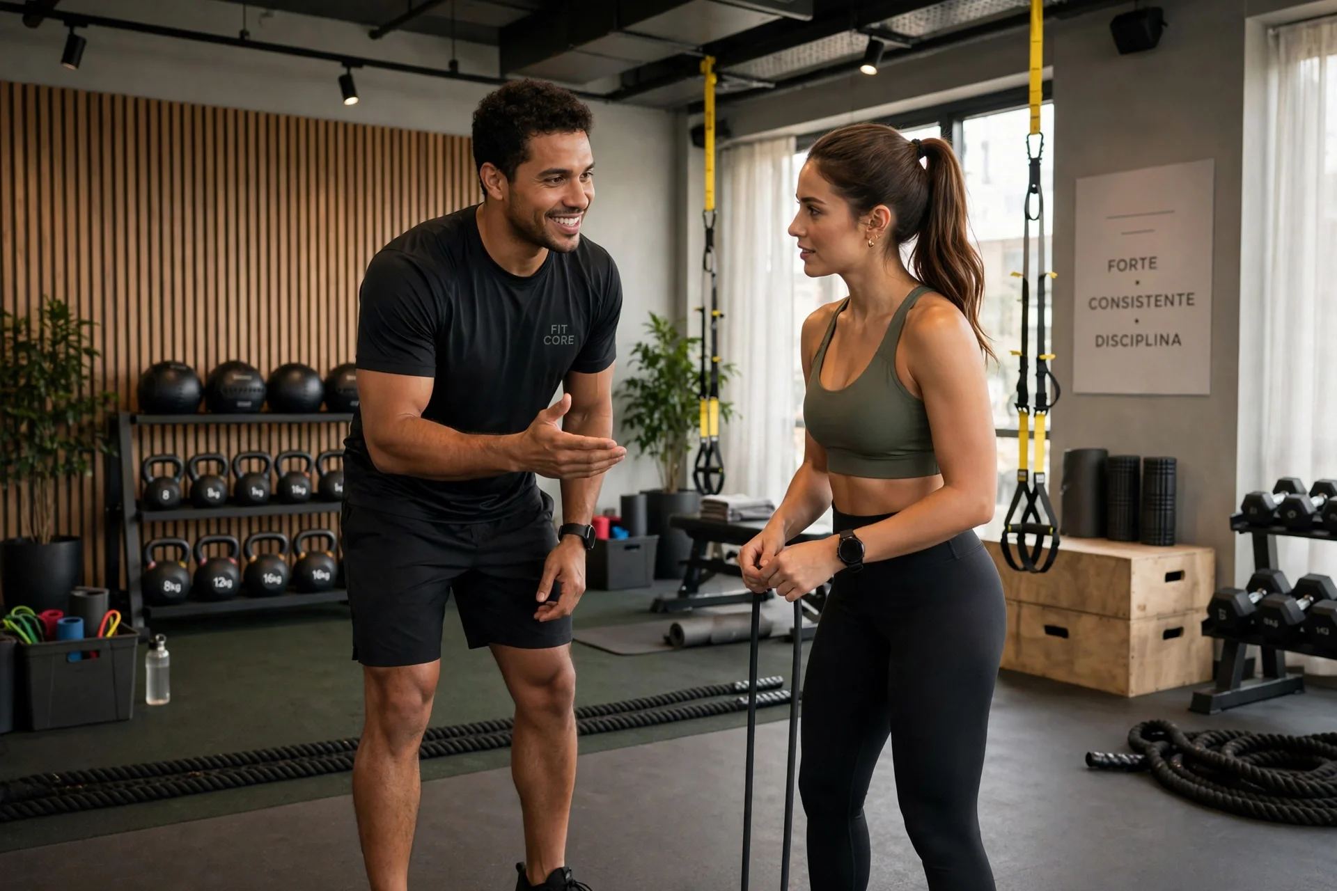 Área de treino funcional em academia com equipamentos modernos