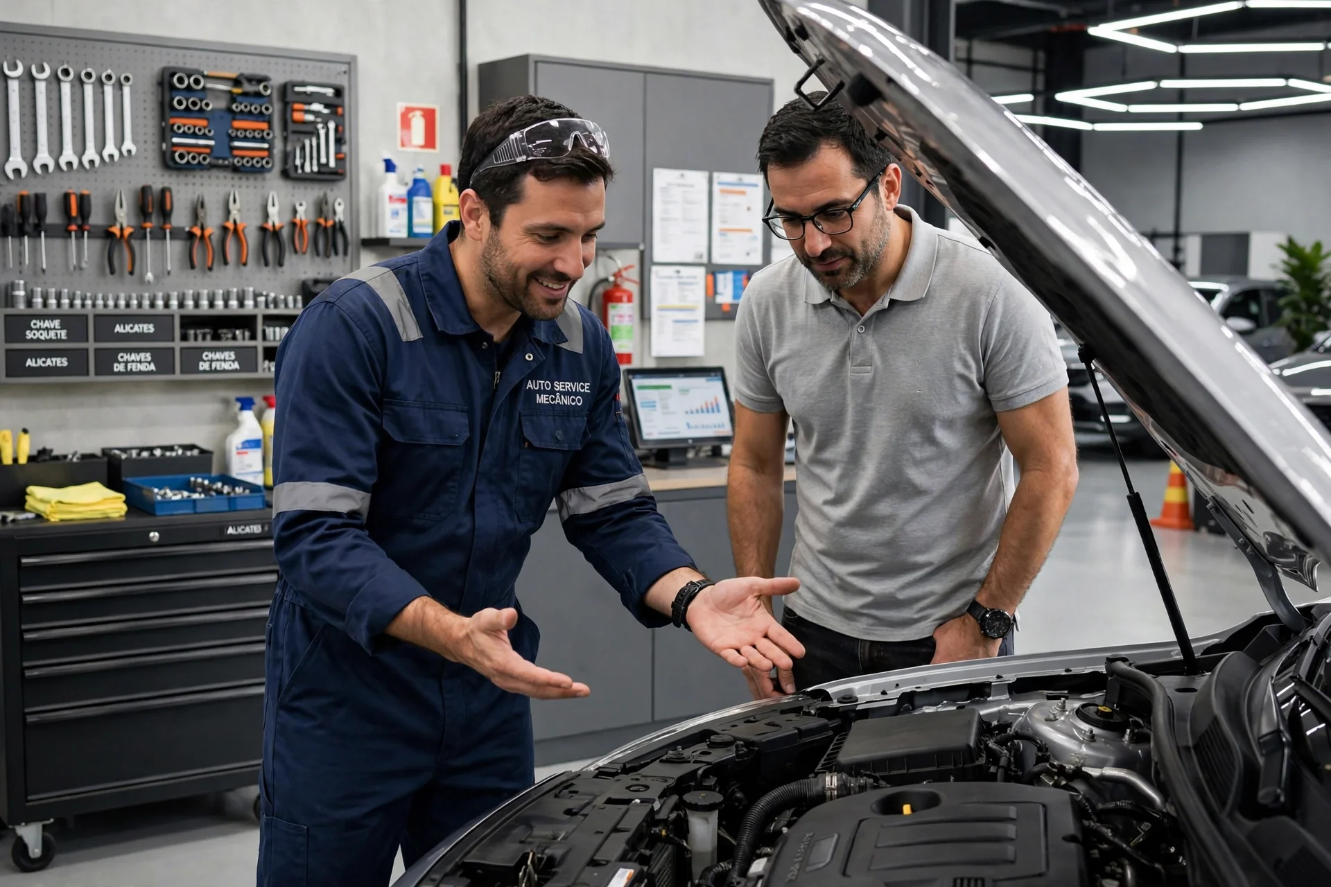 Mecânico atendendo cliente ao lado do carro na oficina