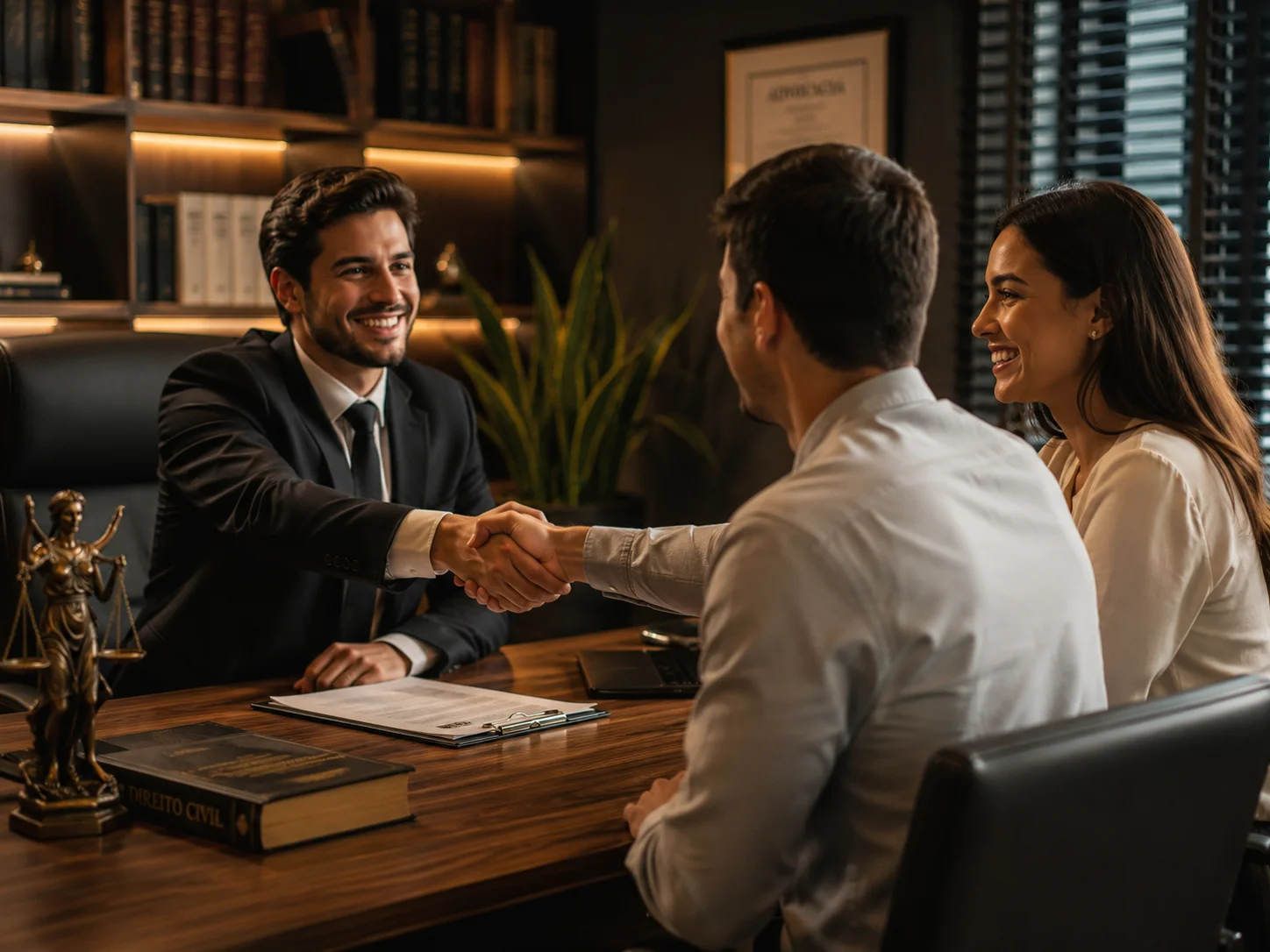 Advogado atendendo cliente em reunião no escritório