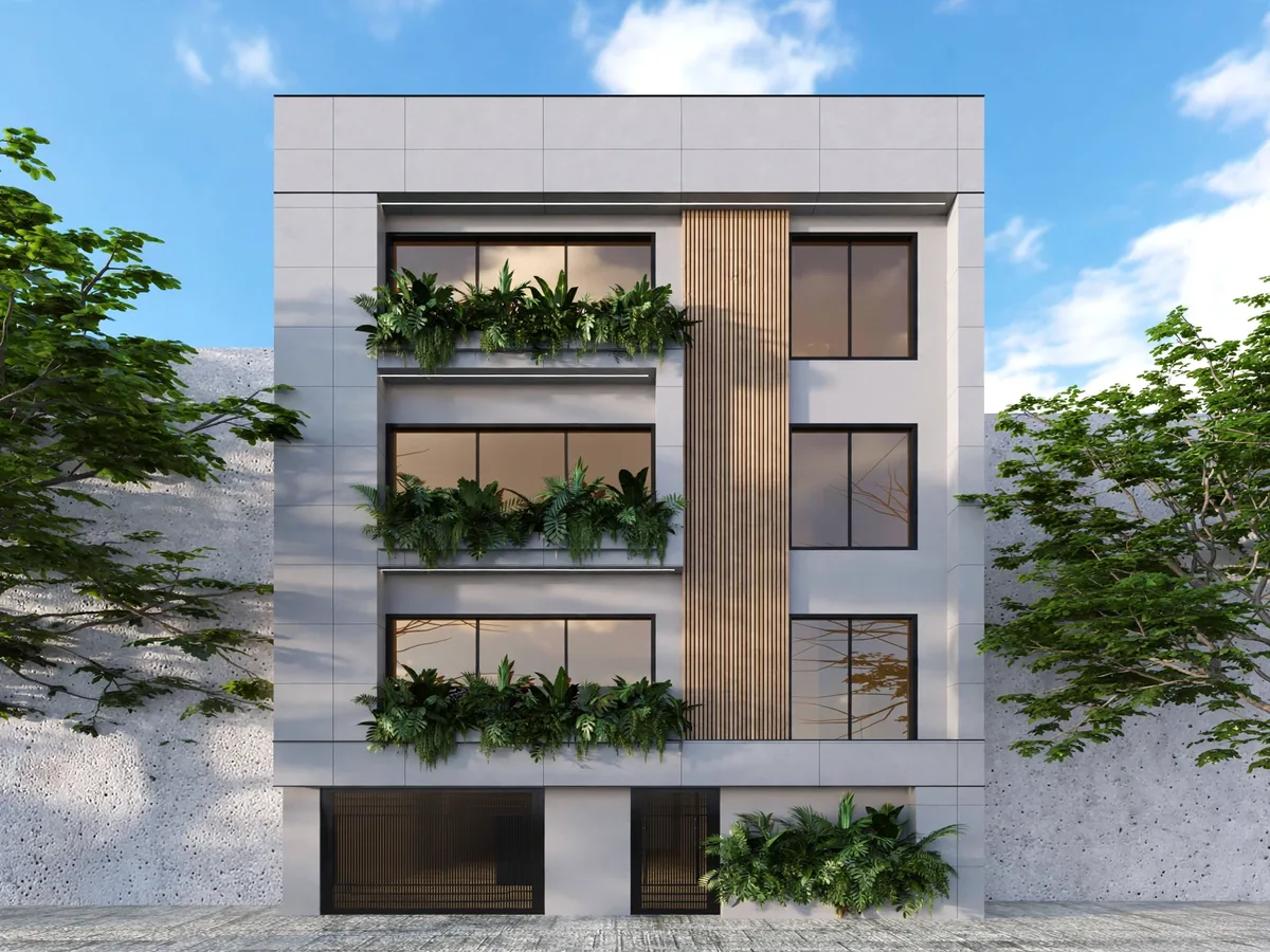 Fachada de prédio residencial moderno com varandas e jardins verticais