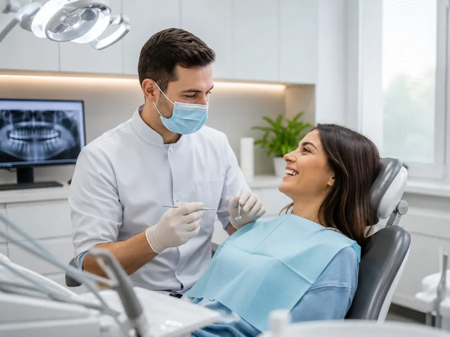 Dentista atendendo paciente sorrindo em consultório moderno