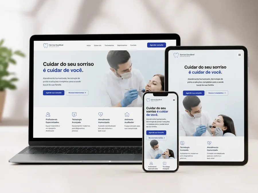 Exemplo de site odontológico em notebook, tablet e celular