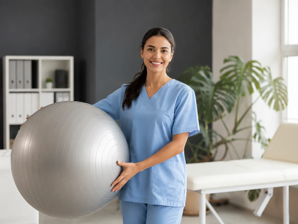 Fisioterapeuta sorridente segurando bola suíça em consultório de fisioterapia