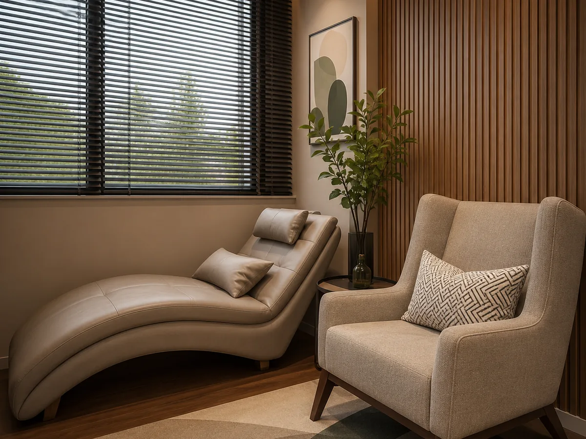 Consultório de psicologia vazio, com poltrona e chaise longue em ambiente acolhedor