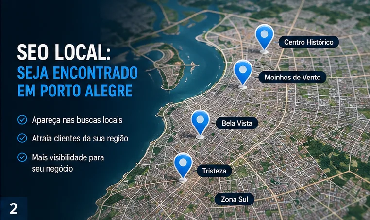 Mapa de SEO local em Porto Alegre mostrando bairros como Centro Histórico, Moinhos de Vento e Zona Sul